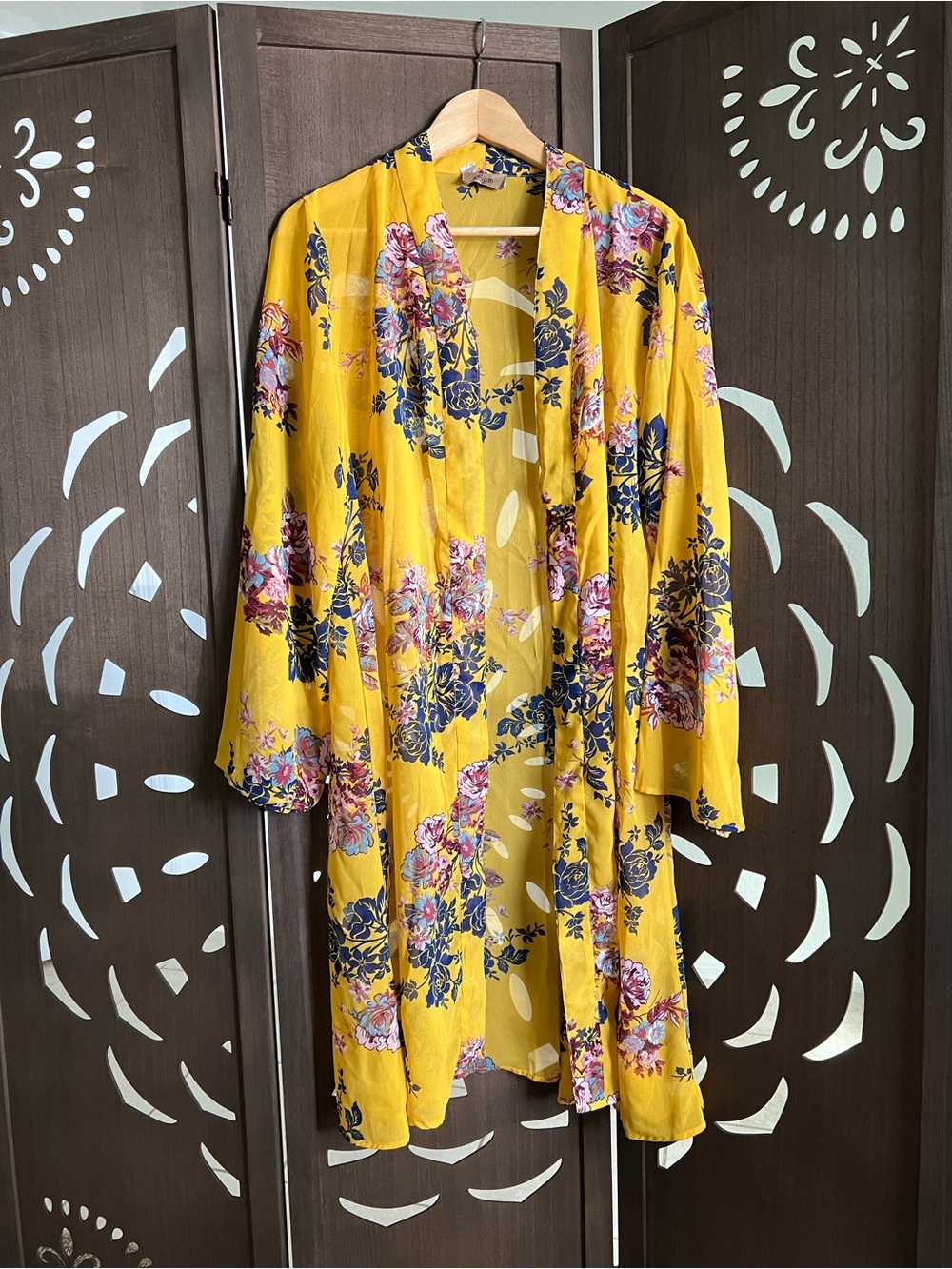 Floral Open-Front Kimono Cardigan in Yellow